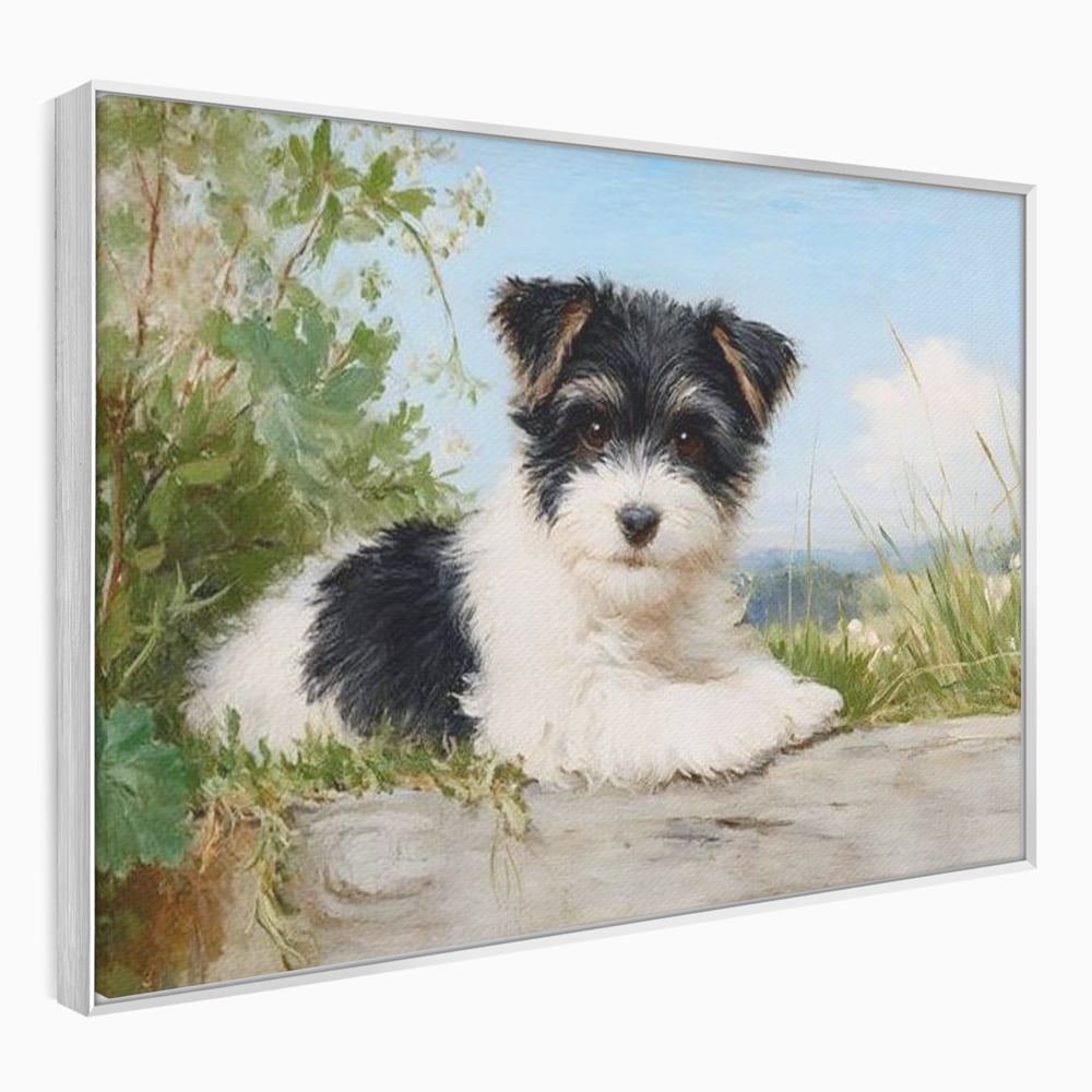 Tablou canvas cu tablou canvas cu pui de caine, in rama de aluminiu argintiu